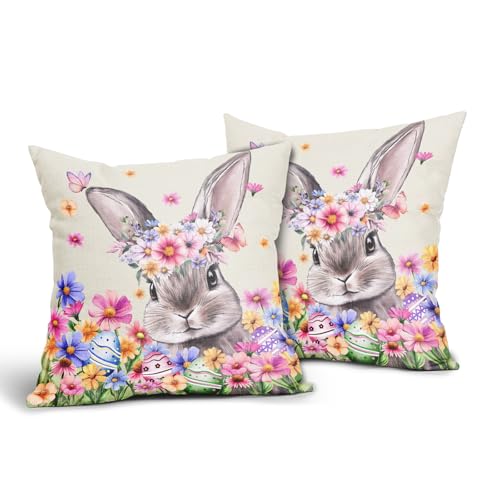Spring Pillow Covers 20x20 Inch Set of 2 Rabbit Bunny Floral Flower Green Leaves Vintage Botanical Plants Easter Themed Cotton Linen Decorative Throw Pillow Case for Bedroom Sofa Living Room Chair