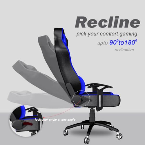 Image of ASE GAMING Ranger Series Ergonomic Gaming Chair Premium PU Leather, Adjustable Neck & Lumbar Pillow, 180 Degree Recline with Black Metal Base (Blue)
