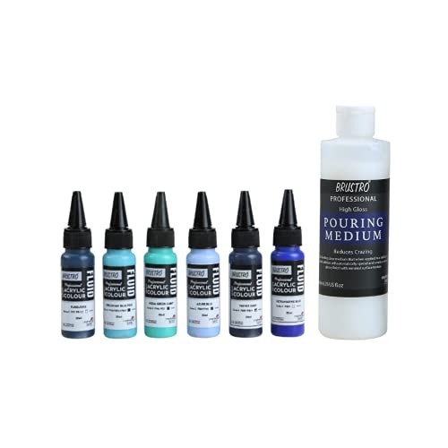 Image of BRUSTRO Professional Artists Fluid Acrylic 20 ml Beyond The Blues set of 6 with Pouring Medium 200 ml