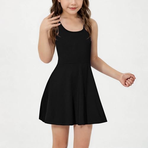 Lightning Deals of The Day Girls Sleeveless Tennis Dress Kids Summer Racerback Golf School Sports Mini Dresses with Shorts Pockets Solid Color Comfy Soft Breathable Everyday Wear #01Black 12-13 Years - Image 8