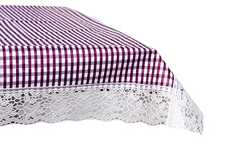 Image of The Furnishing Tree Waterproof PVC Rectangle Shaped 8 Seater Table Cover WxL 60x108 inches Pin Check Pattern Voilet with White Border lace