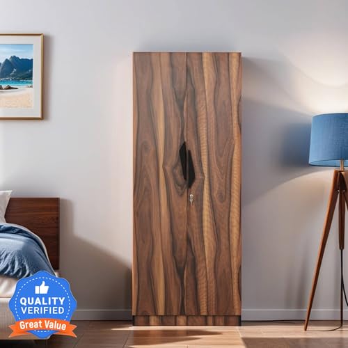 Image of Mintwud Pepperfry Engineered Wood Wardrobe with 2 Doors Storage and 1 Hanging Rod | Wooden Almirah Cupboard for Clothes Storage Organizer for Living Room, Home, Bedroom Furniture (Brown Finish)
