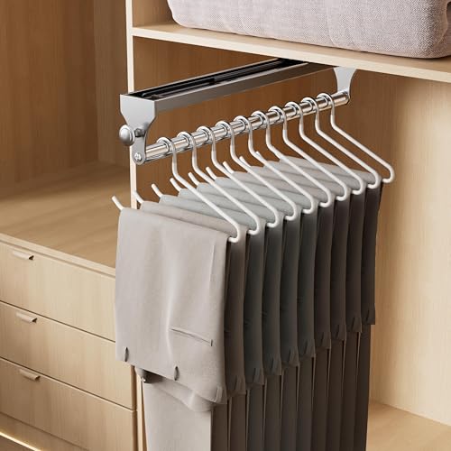 CICUFY Pull Out Closet Rod, 13.7inch Heavy Duty Pants Rack, Adjustable Clothes Hanger Rail, Space Aluminum Valet Rod, Top Mounted Wardrobe Clothes Organizer, Closet Storage for Trousers Coats Gray