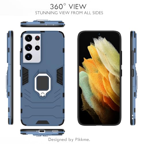 Image of Pikkme D5 Tough Armor Bumper Back Cover Case for Samsung Galaxy S21 Ultra |Ring Holder & Kickstand in-Built (Blue)