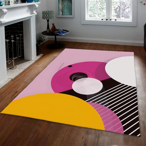 ピンクの敷物 90x120cm 抽象的なカラフルな半円幾何学模様の洗える滑り止めソフトカーペット寝室の家の装飾女の子の男の子ティーンルーム