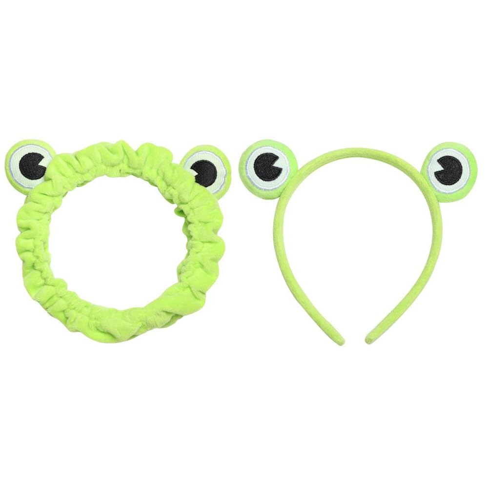 2 Pcs Funny Frog Makeup Headband Elastic Hairband for Women Green Coral Fleece Wide Brim Head Wrap for Face Washing