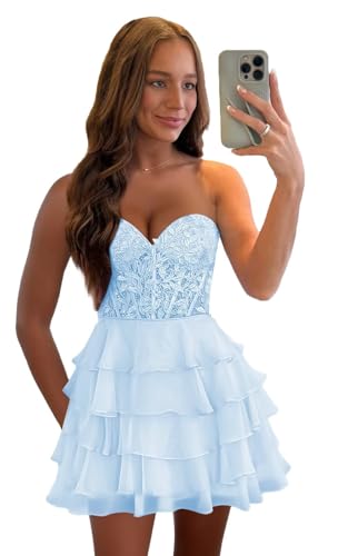 Tiered Skirt Homecoming Dresses with Lace Applique Short Prom Dress for Teens Mini Cocktail Party Gown HO073