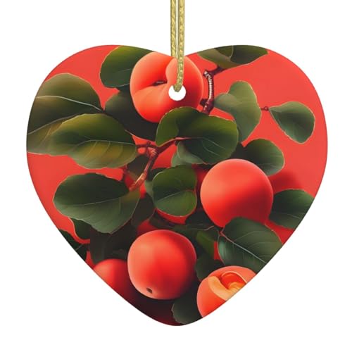 Red Apricot Print Christmas Tree Ceramic Hanging Creative Heart Funny Keepsake Porcelain Ornament for Holiday Decoration