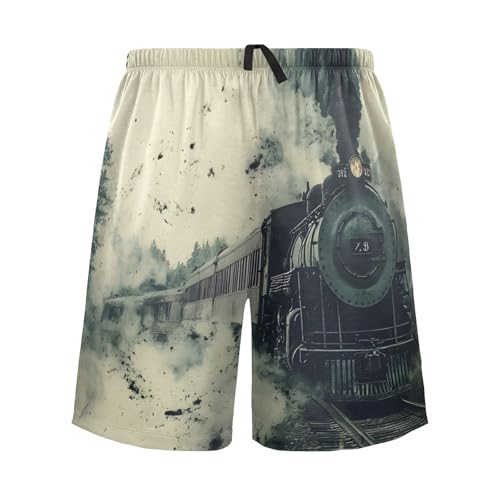 Mens Sleep Shorts Vintage Train Painting, Elastic Pajama Pants Sleepwear with Pockets S