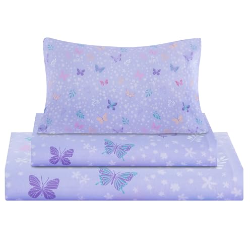 Image of Viviland 4 Pieces Girls Light Purple Full Sheet Set - Soft Microfiber Fitted Flat Sheets & Pillowcases - Butterfly Floral Printed Bedding Sets - for Kids & Toddlers