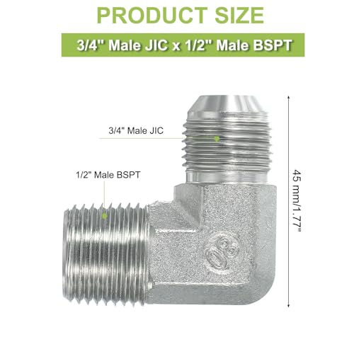 Image of PATIKIL 90 Degree Pipe Adapter, 3 /4 inch Male 37 Flare JIC x 1 /2 inch BSPT Male Connector Carbon Steel Elbow Fitting for Air Hydraulic Fluid Fuel Water Oil, Silver
