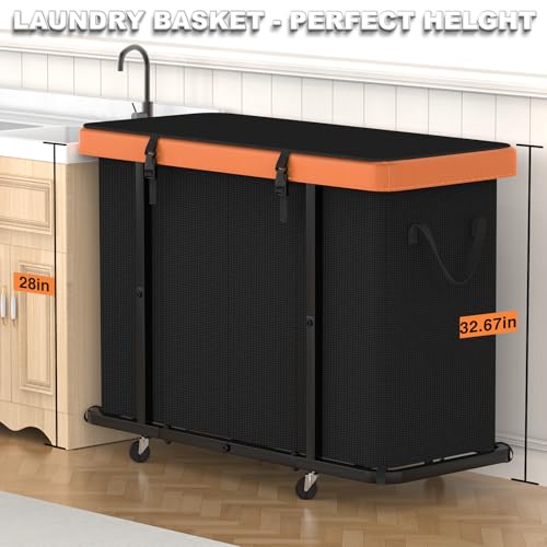 Image of 300L Large Fashion Laundry Basket with Wheels, Leather Patchwork Rolling Hamper Carts, Sturdy Metal Frame, Removable Washable Bag, Tall Clothes Sorter for Bedroom (Black, 4 Section-300L)