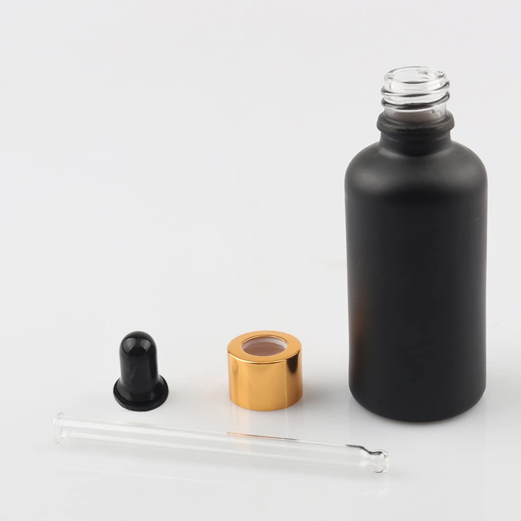 24 Pieza, 50ml Mate Negro Frasco Cuentagotas Cristal con Tapón de Rosca Oro, Botellas de Cristal con Pipeta, para Aromaterapia Aceites Esenciales