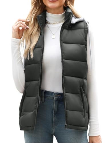 Tuopuda Chaleco Acolchado Mujer Invierno con Capucha Chaleco de Plumas Chaquetas sin Mangas Chaleco con Bolsillos(Gris oscuro,S)