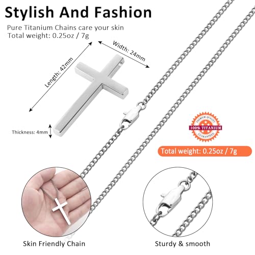 SanThree 2.2mm Pure Titanium Twist Link Chain Cross Necklace for Men Women Sensitive Skin, Ultra Light Welded Skin Friendly Oval Chain for New Year Valentines Day Birthday, 23.62 Inches4