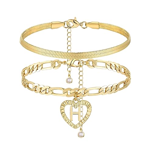 Image of YANODA Gold Ankle Bracelets for Women Waterproof, 14k Gold Plated Layered Snake Anklets Figaro Chain Letter Initial Anklets Handmade Heart Ankle Bracelets Personalized for Women Beach Jewelry Gifts