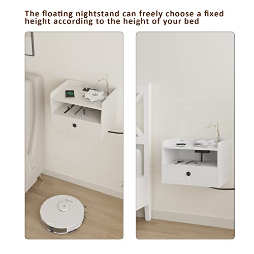 Hoseoka Floating Nightstands Set Of 2, Modern White Nightstands With Charging Station And Usb Ports Wall Mounted Bedside Tables With Storage Drawer For Home Bedroom, Bathroom, Living Room #TOP3
