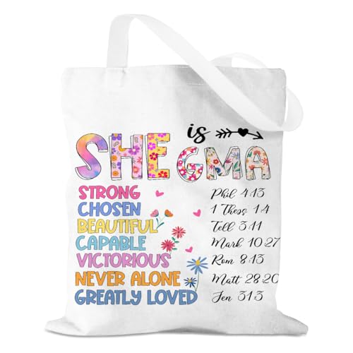 GHUSDFM Retro Flower Gma Gifts, Gma Canvas Tote Bag Grandma Gifts, Inspirational Christian Birthday Gift for Women New Grandmother Mothers Day Wedding Reusable Grocery Bag for Vacation Beach Shopping