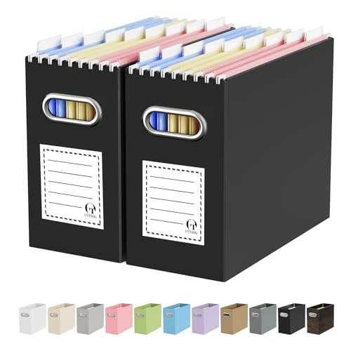Oterri File Organizer Box, Portable Collapsible Cardboard File Folder Organizer with Handle for Letter Size Hanging Files, Document Storage Box for Home Office & Classroom (2 Packs, Black)