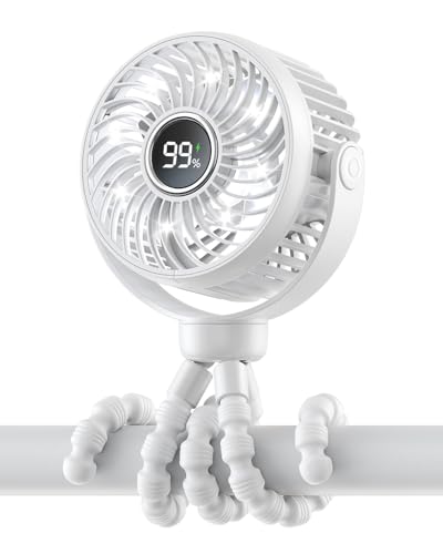 Image of Bearwind Mini Portable Stroller Fan for Travel,360° Rotation,4-Speed LED Night Light Clip on Fans Operated by Rechargeable Battery, Cordless Fan with Tripod Car Seat Baby Pram (White)