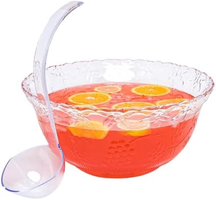 Premium Large Clear Plastic Punch Bowl Set with Ladle - 8 Quart Serving Bowl for Parties - Clear Plastic 5 oz Serving Ladle - Elegant Floral Embroidered Design