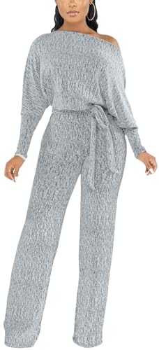 ZonJie Silver Jumpsuit for Women Sequin Sparkly Elegant Plus Size Clubwear Off Shoulder Long Sleeves Wide Leg Pants Rompers