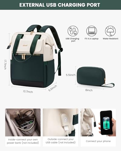 Image of LOVEVOOK Laptop Backpack for Women, 15.6 Inch Work Laptop Bag with USB Port, Fashion Teacher Nurse Backpack Purse, Waterproof Travel Computer Backpack with Organizer Bag, 2PCS, Beige-Green