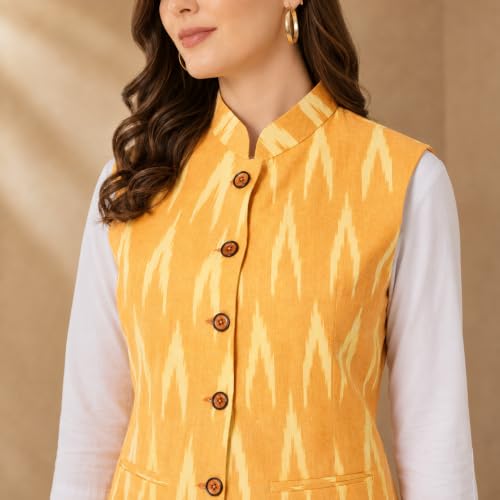 Image of Vastraa Fusion Women's Ikat Cotton Nehru Jacket Printed Waistcoat Sleeveless Mandarin Collar Button Front Ethnic Casual Wear