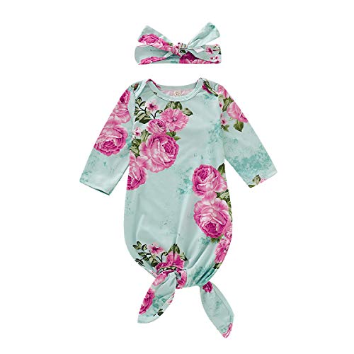 Infant Newborn Baby Girls Floral Sleep Gown Headband Sleepwear Romper Sleeping Bags Outfits (Green, 0-6 Months)