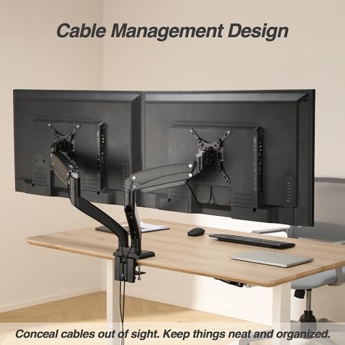 Image of AVLT Dual Monitor Arm Desk Mount for 13-43 inch Screens, Heavy Duty - Black | Supports flat /curved /ultrawide screens up to 44 lbs each. Smooth gas spring, USB 3.0 /AUX, 4 VESA sizes and cable management