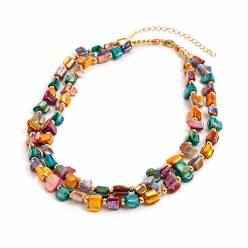 FAJYXTZF Colorful Beaded Necklace for Women, Layered Gemstone Style Necklace, Multi Strand Chunky Bead Necklace, Boho Statement Jewelry, Vacation Resort Fashion Gift