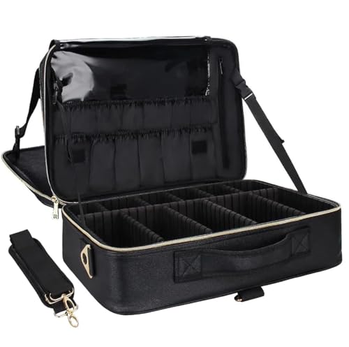 Image of Relavel Makeup Case Large Makeup Bag Professional Train Case 16.5 inches Travel Cosmetic Organizer Brush Holder Waterproof Makeup Artist Storage Box, Large Capacity (Leather Black)