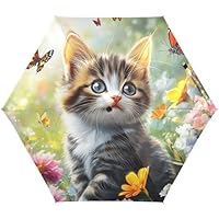 Quteprint 5 Fold Travel Umbrella for Rain Sun & UV Protection, Playful Cat Flowers Butterfly Windproof 6 Ribs UPF 50+ Compact Lightweight Folding Umbrella for Adults & Kids