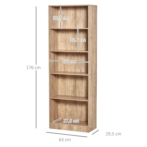 HOMCOM Bibliothèque, étagère de Rangement à 5 Niveaux avec étagères réglables, Meuble de Rangement pour Salon, Bureau, Chambre, 63 x 29,2 x 176 cm, Bois Naturel – Image 4