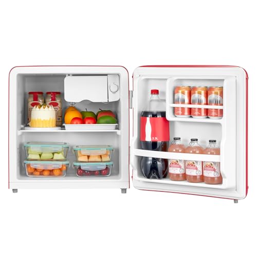 Comfee' RCD50RE2EURT(E) kleiner Kühlschrank, 47 Liter, Retro-Design, Mini-Kühlschrank mit Mono-Tür, einstellbarer Thermostat, leise, geeignet für Zuhause, Büro und Hotel, Rot [Energieklasse E]