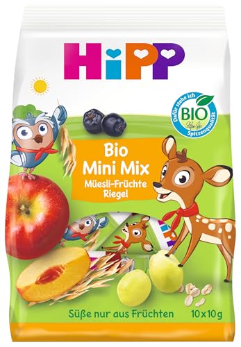HiPP Bio Mini Mix Müesli Früchte Riegel 10 Stück (7er Pack mit je 10 x 10g), ab 1 Jahr, Süße nur aus Früchten, verschiedene Geschmacksrichtungen, in bester Bio-Qualität