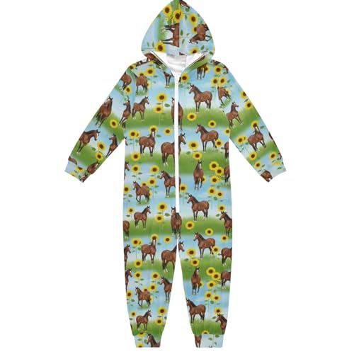 Pijama enterizo con capucha de una sola pieza para Halloween, Navidad, cosplay, ropa de dormir, Caballos marrones, girasoles amarillos, 7-8 años