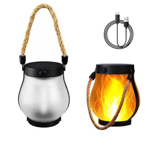 Farol solar para exteriores, cuerda de cáñamo impermeable para colgar, llama parpadeante, luces solares, ideal para jardín, patio, camping, iluminación decorativa, (2)