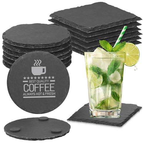12pcs Slate Coasters, Black 4 Inch Bulk Blank Rock Coasters Blank Laser Engraving, Hand Painted DIY, Scratch Resistant Bottom (6*Square+6*Round)