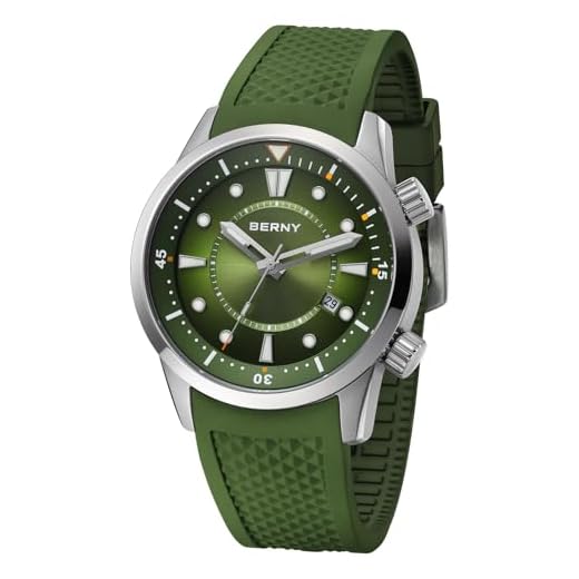BERNY Taucheruhr für Männer Automatische mechanische Armbanduhr mit Schraubkrone 20ATM wasserdichte HV600 Härte Saphirglas Silikon Band Super leuchtende Herrenuhren Grün