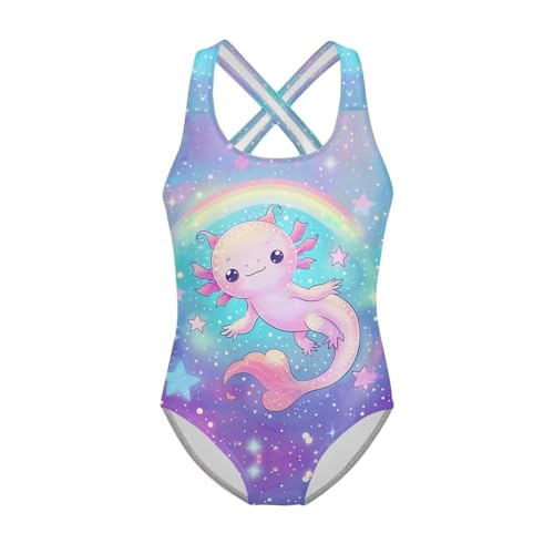 Tongluoye Rainbow Axolotl Swimsuit for Girls 9-10 Cute One Piece Swimsuits Round Neck Bathing Suit Cross Straps Athletic Swimwear for Travel Surf Beach Swimming Pool Summer Kids Outfits