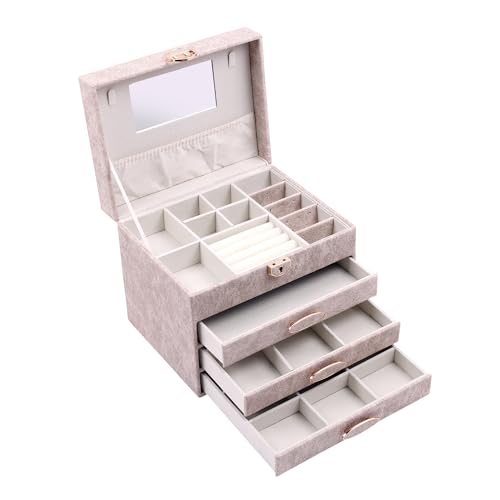 Image of BucketList Luxury PU Leather Jewellery Organizer Box with Mirror & Lock | 3 Drawer Jewelry Storage Case with Ring Rolls & Compartments (4 Drawers Jewelry Box with Mirror (Grey))