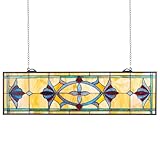 VEVOR Stained Glass Window Panel, 32 x 10 in, Tiffany Style Hanging Transom Window Panel with Chain, Large Horizontal Rectangle Stain Glass, Vintage Traditional Art Handcrafts for Kitchen Home Decor