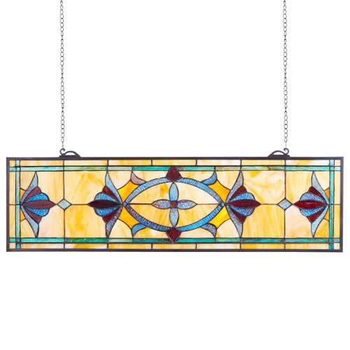 VEVOR Stained Glass Window Panel, 32 x 10 in, Tiffany Style Hanging Transom Window Panel with Chain, Large Horizontal Rectangle Stain Glass, Vintage Traditional Art Handcrafts for Kitchen Home Decor