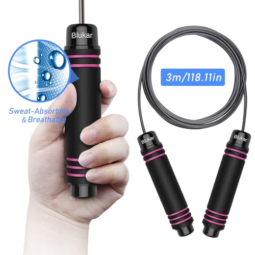 Blukar Springseil, Speed Rope Verstellbar mit Hautfreundlichen Schaum Griffe, 3 Meter Länge Einstellbar, Rutschfest und Ideal für Fitness & Ausdauer & Seilspringen, geeignet für Erwachsene