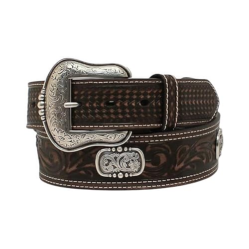 ARIAT Men's Genuine Leather Western Belt with Floral Pattern and Silver Oval Conchos