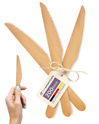 Inoverse 200 cuchillos de madera de 16,5 cm – Cubiertos de madera desechables, biodegradables y compostables, cucharas estables para fiestas, catering y eventos