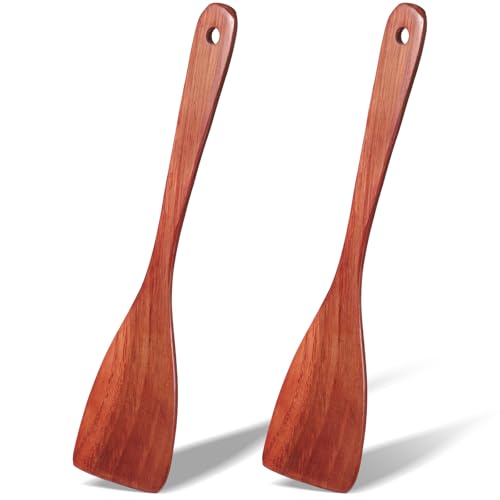 2 Pcs Wooden Spatulas for Cooking 12.2 Inch Long Handle Wood Flat Frying Spatulas Non-Scratch Wooden Kitchen Spatula Scraper Utensils Right Hand Wood Turner for Nonstick Pans Cooking Frying Baking