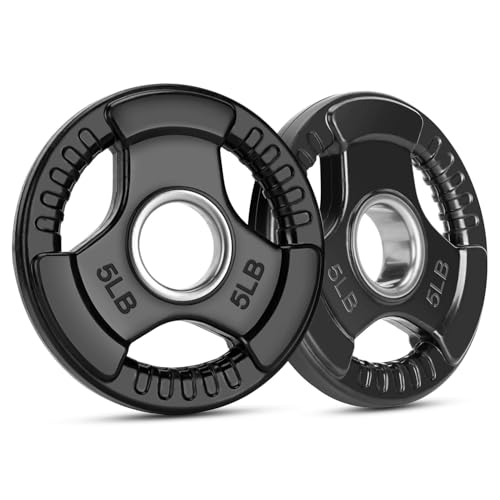 Weight Plate 2-Inch Rubber Coated Olympic Grip Plate for Barbell,Solid Cast Iron Weight Plates in Pairs and Strength Training in Home & Gym, Single,Weightlifting,Home GymCrossfit 2pcs(5LB)