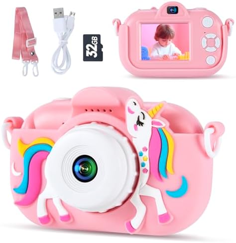 Kids Camera Toys for 3-8 Year Old Girls and Boys, Children Digital Camera with Cute Soft Silicone Case, 1080P Video Camcorder Present with 32GB SD Card – Birthday for Kids
